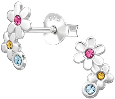 Joy|S - Zilveren bloem oorbellen - 2 bloemetjes - roze geel blauw kristal - 9 x 5 mm - oorknopjes - sterling zilver 925