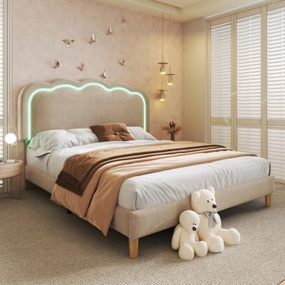 Wishdor – Gestoffeerd Tweepersoonsbed 140x200 cm – Met LED-Hoofdbord & Verstelbaar Hoofdeinde – Sfeervol & Comfortabel – Linnen – Beige