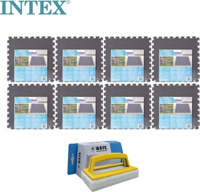 Intex - Zwembadtegels Grijs - 8 verpakkingen van 8 tegels - 16m² & WAYS scrubborstel