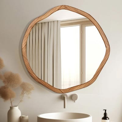 Ronde Houten Wandspiegel 24 Inch - Cirkel Spiegel voor Badkamer, Slaapkamer, Woonkamer, Entrée - Rustiek Bruin