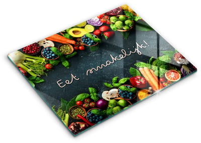 Wallfluent Glazen Snijplanken - Fruit en Groenten, Eet smakelijk! Snijplanken Glas - 40 cm x 52 cm - Veelkleurig Snijplanken van Glas - Glazen Hakplank - Glazen Snijplank Voor Keuken - Antislip Glazen Snijplank