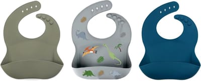 3 Stuks Siliconen Slabbetjes met Opvangbak – Dinosaurus Print – Groen & Blauw – BPA-vrij – Verstelbaar Baby & Peuter