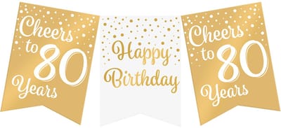 Vlaggenlijn | Set á 6 stuks | Feestvlaggen banner goud wit | met tekst 80 jaar | 6 meter | 10 vlaggen | hoogte 20 cm