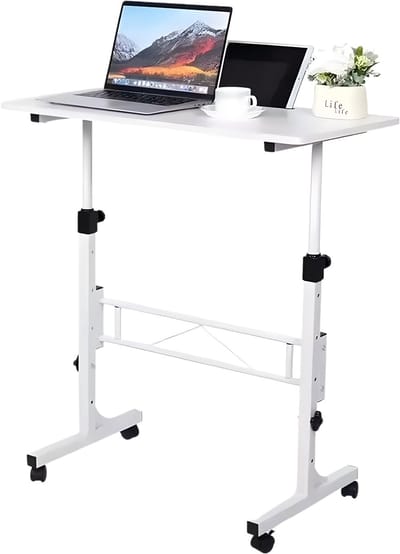 Mobiel Zit-Sta-Bureau - Laptopbureau - Werktafel - Laptopstandaard - Voor Studenten & Thuiskantoor - In Hoogte Verstelbaar met Wielen - Wit