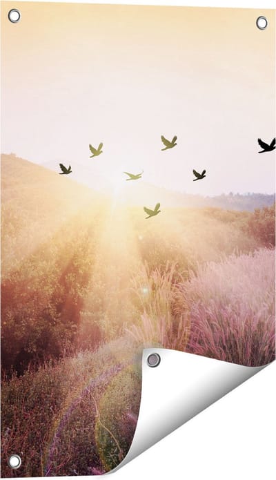 Gards Tuinposter Silhouet Zwerm Vogels bij Zonsondergang - 40x60 cm - Tuindoek - Tuindecoratie - Wanddecoratie buiten - Tuinschilderij