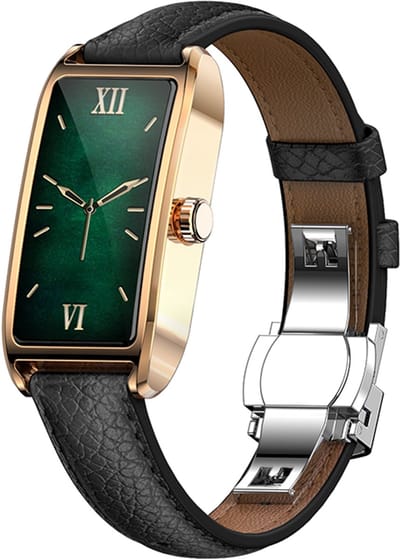 WizBay Premium Select® 1.13 Inch AMOLED Smartwatch Goud met Zwarte Leren Band – Hartslag, Bloeddruk SpO₂ Monitoring – Fitness Tracker – Elegant Vierkant Design – Android iOS