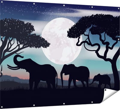 Gards Tuinposter Olifanten Silhouet tijdens Volle Maan - 160x120 cm - Tuindoek - Tuindecoratie - Wanddecoratie buiten - Tuinschilderij