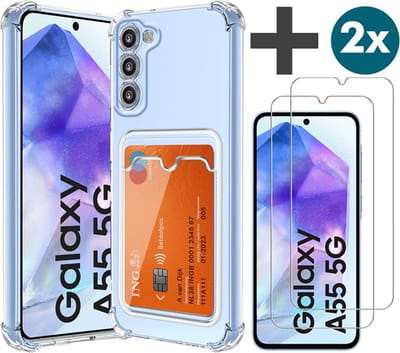 Hoesje met 2 Stuks Screenprotectors Geschikt voor Samsung A55 Hoesje Met Pashouder Siliconen Shockproof Case - Arara Backcover- Transparant