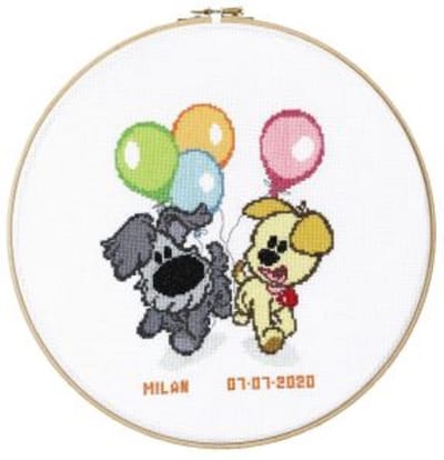 Pako Borduurpakket - Geboorte - telpatroon met codekaart - Woezel & Pip kids geboortetegel Woezel & Pip met ballonnen - voorgesorteerd garen - Aida - 30 cm Rond - DIY kit-