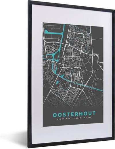 Fotolijst incl. Poster - Plattegrond - Oosterhout - Grijs - Blauw - 40x60 cm - Posterlijst - Stadskaart