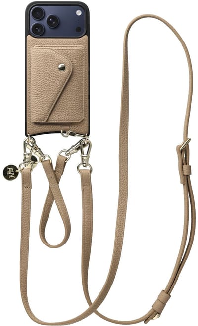 AVY Leren Hoesje geschikt voor Apple iPhone 17 Pro Max | Met Koord en Magnetische Kaarthouder | Compatibel met MagSafe | Leather Case met 30CM & 130CM Koord & Wallet | Leather Set | Beige