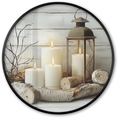 Poster in lijst Rond - Fotolijst 60x60 cm - Posters - Stilleven - Wit - Kaarsen - Rustiek - Natuur - Ronde posterlijst zwart - Decoratie - Wanddecoratie woonkamer - Muurdecoratie slaapkamer
