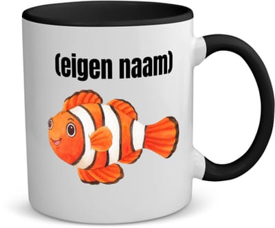 Akyol - oranje vis (nemo) met eigen naam koffiemok - theemok - zwart - Vis - vissen liefhebbers - iemand die houdt van vissen - verjaardag - cadeau - kado - 350 ML inhoud