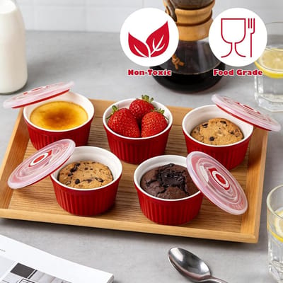 6 Stuks Souffle-vormpjes met Deksel, 200 ml Crème Brûlée Schalen, Ovenbestendig voor Desserts en Gerechten