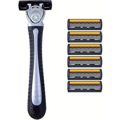 3-laags Reisscheermesjes, Handmatige Scheermesjes, Mesjes, Vervangende Scheermesjes, Haarverzorgingstools Veiligheidsscheermessen voor Glad Scheren 1 Handle with 6 Blades gray