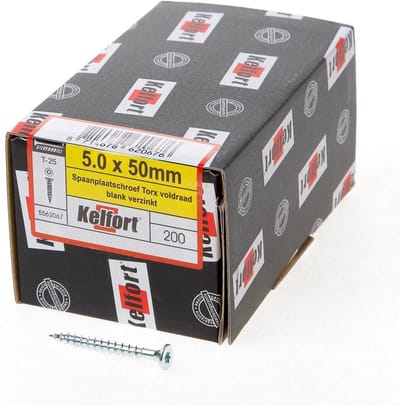 Kelfort Spaanplaatschroef platverzonken kop verzinkt T25 voldraad 5.0 x 50mm (Prijs per 200 stuks)