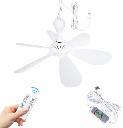 USB Plafondventilator - 6 Bladen - Stille 5V DC Oplaadbaar - Ophangbare Mini Ventilator Wit - Geschikt voor Binnen, Buiten, Camper, Slaapkamer en Camping