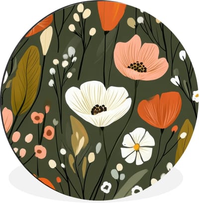 WallCircle - Wandcirkel - Muurcirkel - Bloemen - Illustratie - Groen - Aluminium - Dibond - 30x30 cm - Binnen en Buiten