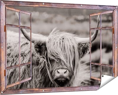 Gards Tuinposter Doorkijk Schotse Hooglander Koe - Zwart Wit - 150x100 cm - Tuindoek - Tuindecoratie - Wanddecoratie buiten - Tuinschilderij
