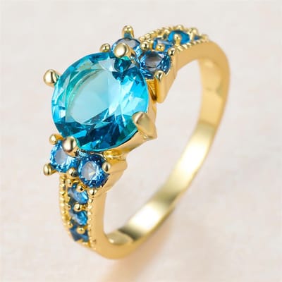 Aqua Blauwe Kristal Ronde Steen Verlovingsringen Voor Vrouwen Vintage Gouden Kleur Trouwringen Geboortesteen Sieraden Moederdag Cadeaus 9 blue