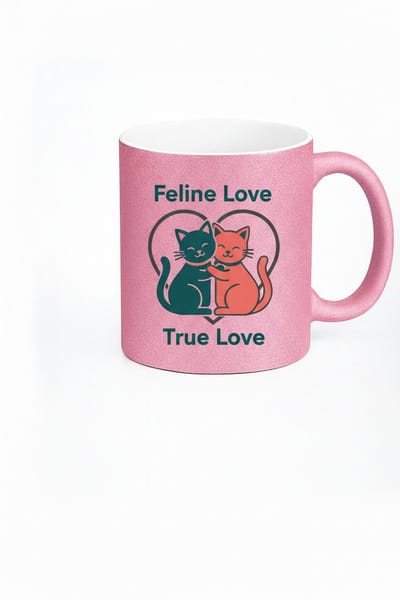 Roze Glitter Mok met Liefdes Katten - Feline Liefde & Ware Liefde - Cadeau Kattenliefhebber