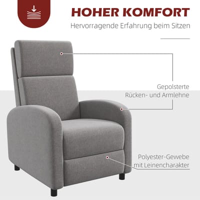 Relaxfauteuil Met Handmatige Ligfunctie En Voetsteun, Comfortabele Fauteuil Met Hoge Rugleuning En Brede Armleuningen Voor Woonkamer En Kantoor, Grijs Stof