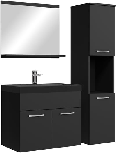 Badplaats Badkamermeubel Set Montreal 60 x 35 cm – Mat Zwart – Badmeubel met Spiegel en Zijkast met Zwarte Wastafel