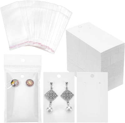 200 Sets 5cmx9cm Papieren Sieraden Displaykaarten voor Oorbellen met Zelfklevende Zakjes, Wit, Perfect voor Verpakking en Presentatie