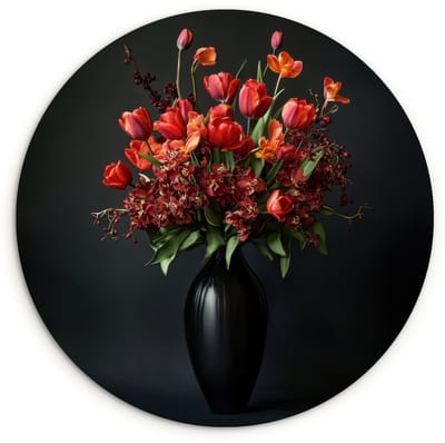 WallCircle® Wandcirkel 120x120 cm - Muurcirkel Boeket - Tulpen - Vaas - Rood - Muurdecoratie woonkamer - Wanddecoratie slaapkamer - Kamer decoratie accessoires - Ronde schilderijen XXL