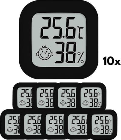 Knaak Hygrometer Set van 10 - Thermometer voor Binnen - Luchtvochtigheidsmeter - Weerstation - Digitaal - Zwart - Incl. Batterijen & Plakstrips