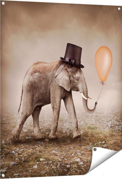 Gards Tuinposter Olifant met een Oranje Ballon - Hoedje - 80x100 cm - Tuindoek - Tuindecoratie - Wanddecoratie buiten - Tuinschilderij