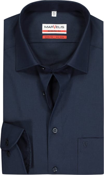 MARVELIS modern fit overhemd - donkerblauw - Strijkvrij - Boordmaat: 48 (EU maat: 3XL)