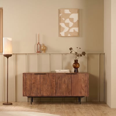 Dressoir Flack | Bruin Acaciahout | 4 Deuren | Zwart Metalen Onderstel
