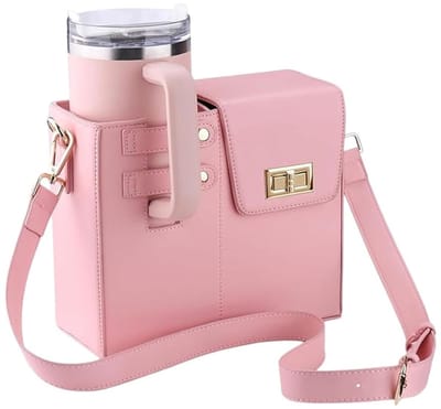 longziming - Waterfles crossbody tas - Draagbare waterfles tas - Waterfles draagtas - PU leder - Verstelbare schouderriem - Geschikt voor Stanley beker - Handig draagontwerp - Roze