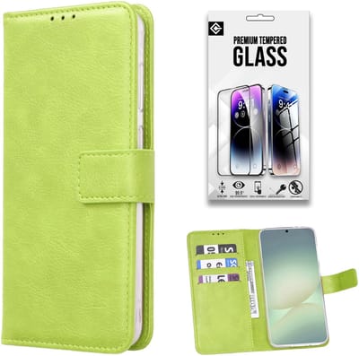 Casemania Hoesje + Glas Geschikt voor Samsung Galaxy S25 FE - Lime Groen - Portemonnee Bookcase met Pasjeshouder en Standaardfunctie - Telefoonhoesje en Gehard Tempered Glazen Screenprotector