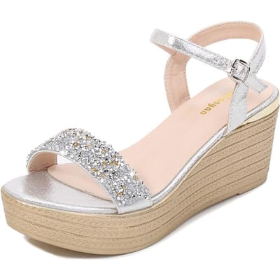 Zomer Nieuwe Mode Casual Sandalen Wedge Strass Gesp Super Hoge Hak Sponscake Mode Dames Enkele Schoenen 39 zilver