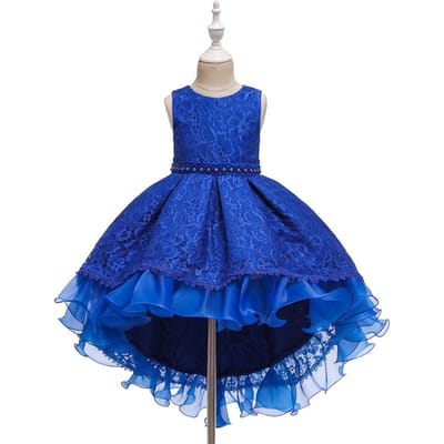Robe de princesse en dentelle pour fille, tenue de soirée, de mariage, d'anniversaire, pour enfant et adolescente, longue traîne 120 bleu