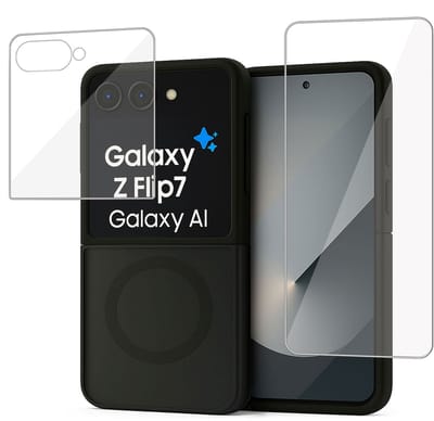 Hoesje + Screenprotector geschikt voor Samsung Galaxy Z Flip 7 Hoesje - Portemonnee Hoesje geschikt voor MagSafe - Magnetisch - Gehard Glas - Zwart