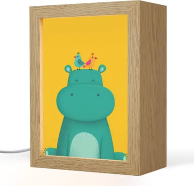 Nachtlampje 15x20 cm - Kinder lampje - Nijlpaard - Vogels - Groen - Geel - Tafellamp kinderkamer - Slaapkamer lamp - Bedlamp kinderen - Kinderlampje stopcontact - Wandlamp babykamer - Nachtlampjes