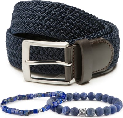 DTCH.FIT Kralen armband Paul Blue one size & Elastische riem Mylo Blauw - 3,5cm breed - 95cm - Totale lengte 110cm