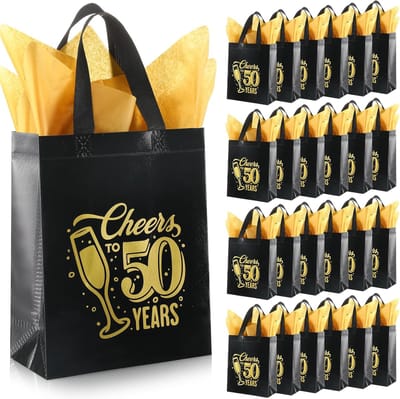 Verjaardag Cadeautassen - Feestelijke Totes - Cadeaus Presenteren - Inclusief Tissuepapier - 20 x 26 x 10 cm - Zwart Goud
