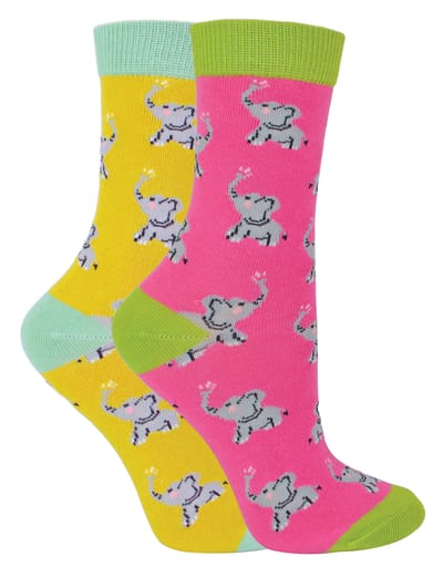 Set van 2 sokken met dierenprint voor meisjes | Miss Sparrow | Casual grappig patroon crew bamboe sokken | Grappige nieuwe sokken voor kinderen - Olifanten