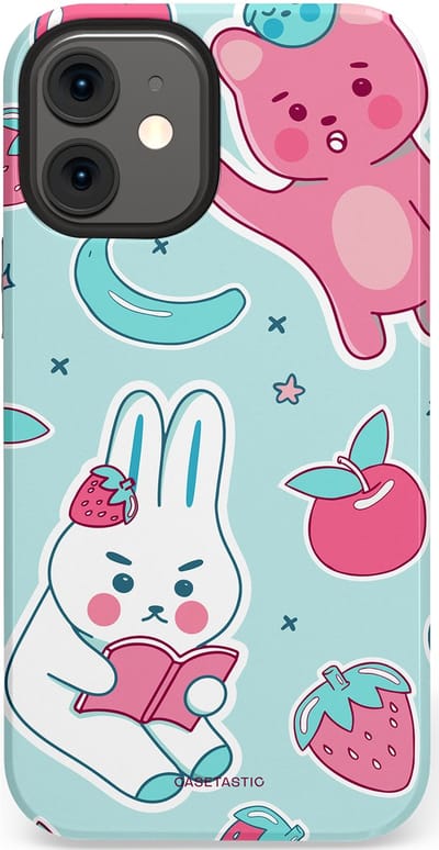 Casetastic hoesje geschikt voor Apple iPhone 12 Mini - Dubbellaagse bescherming - Fruitige vriendjes - Fashion Case - Mintgroen Lichtgrijs Lichtroze Wit