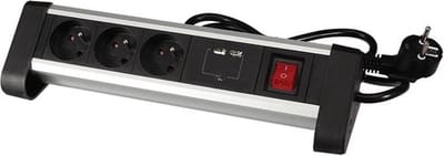 Perel Stekkerdoos met schakelaar, 3 stopcontacten met penaarde (type E), 2 USB-poorten, kabel 1.4 m, 3G1.5, gebruik binnenshuis, zwart/grijs