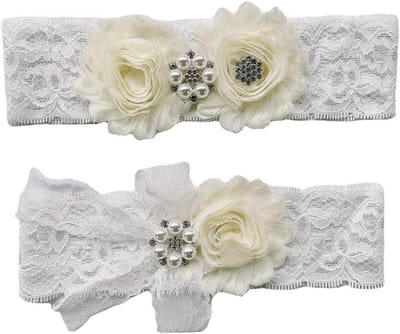 Bruidskousenband - Bruiloft beenband - Bruiloft accessoire - Handgemaakt kant design - 40 cm - Wit