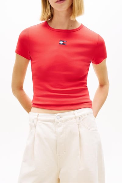 Tommy Hilfiger Tjw Slim Badge Rib T-shirt Red Alert Taglia: L | Maglie Sportivi Outlet | Donna | Rosso