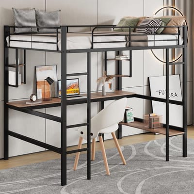 Metalen Hoogslaper met Bureau en Boekenkast - 90 x 200 cm