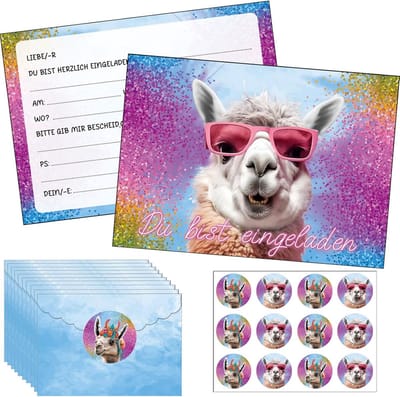 Uitnodigingen Verjaardag Kinderfeestje Lama & Alpaca Thema - Inclusief Glitter Accent