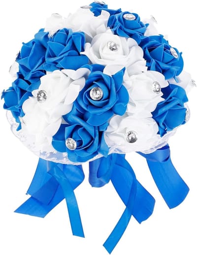 Kunstboeket Bruiloft - Bruidsboeket Decoratie - Feestelijke Aankleding - Duurzaam Materiaal - 28 cm Hoog - Blauw