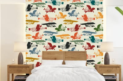 Behang - Fotobehang Patronen - Vliegtuig - Retro - Jongens - Kinderen - Kids - Jongetje - Breedte 220 cm x hoogte 240 cm